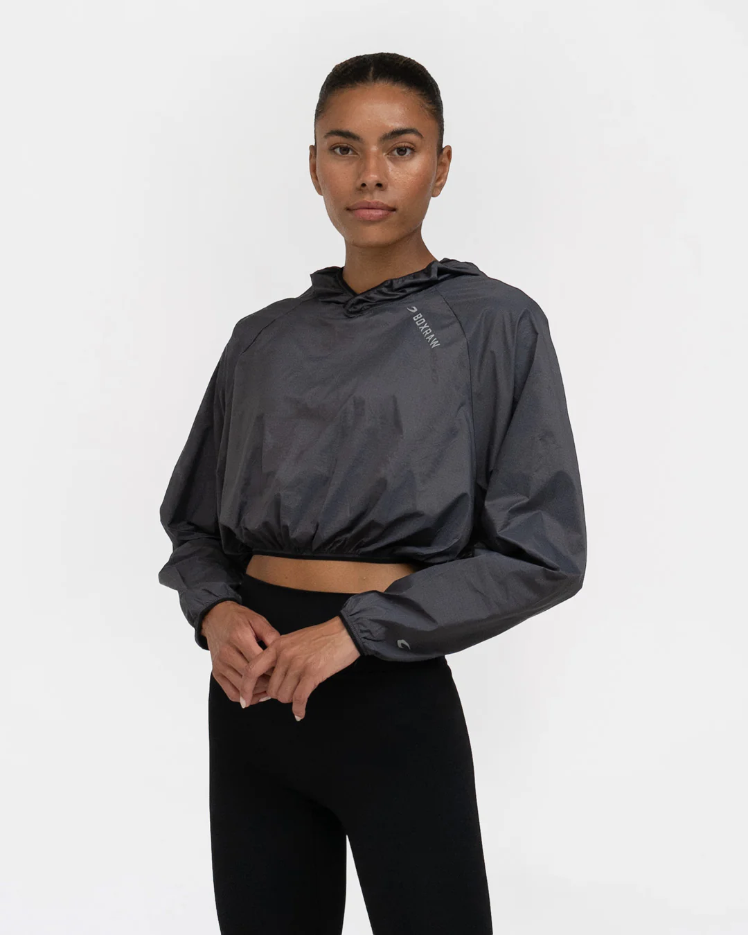 Genaro Cropped Windbreaker Hoodie - Charcoal - Image 2